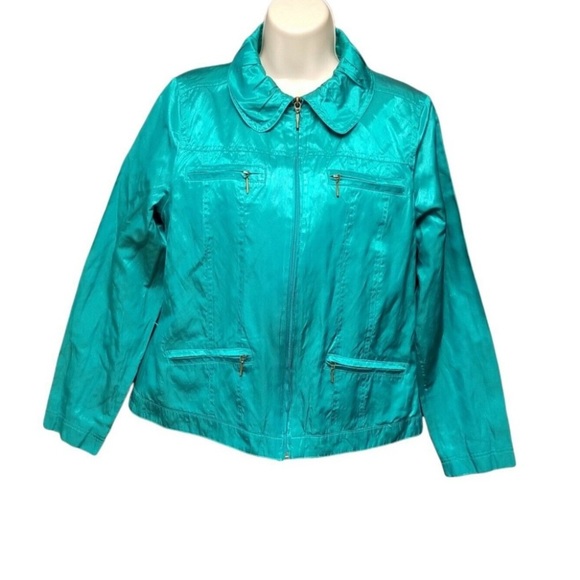 TanJay Vibrant Emerald Green Crinkle Satin Block Zip Front Jacket Size 8 - Picture 1 of 7